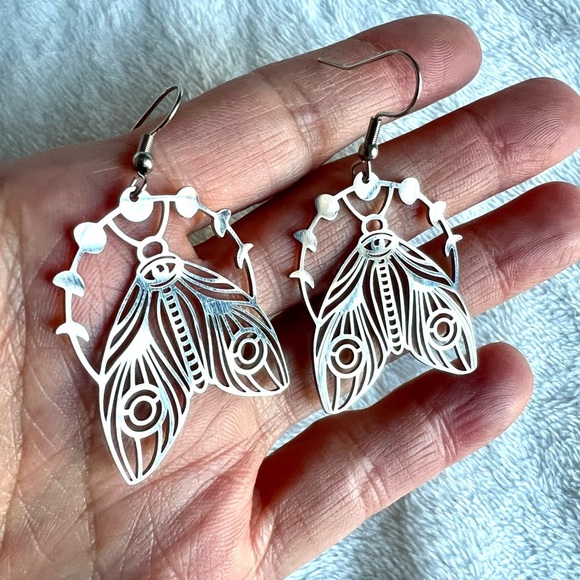Mystical Moon Moth Lunar Cycle Stainless Steel Earrings - Picture 3 of 5